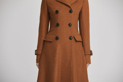 Brown Wool Long Coat - Double Breasted with Flap Pockets 2254