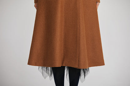Brown Wool Long Coat - Double Breasted with Flap Pockets 2254