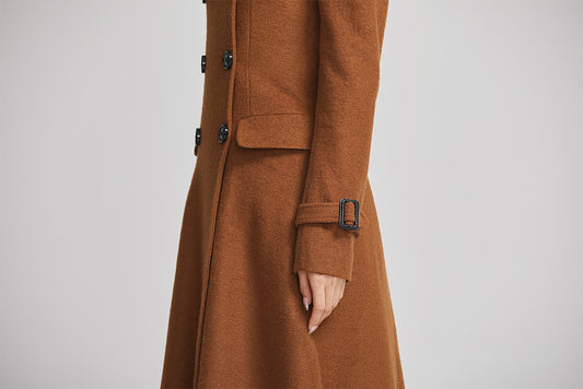 brown women winter long coat with single breasted and pockets 2254