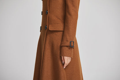 Brown Wool Long Coat - Double Breasted with Flap Pockets 2254