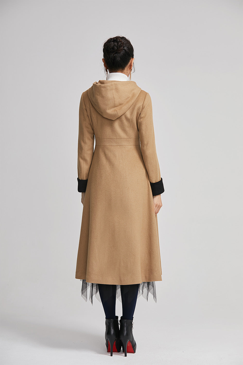 brown women long wool winter coat with single breasted 2255