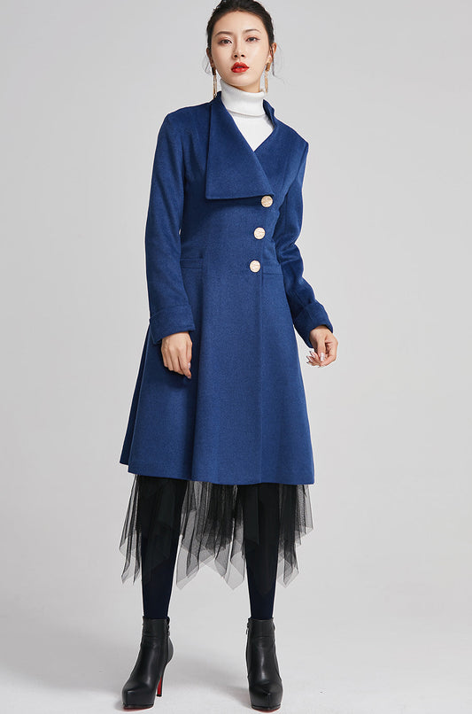 Handmade Blue Wool Coat – Single-Breasted Winter A-Line Overcoat | Xiaolizi 2256
