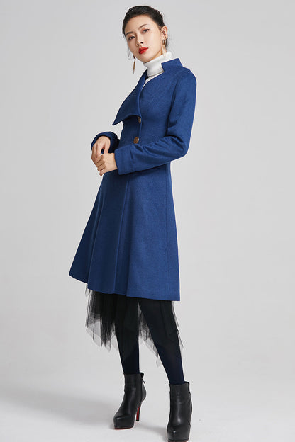 Handmade Blue Wool Coat – Single-Breasted Winter A-Line Overcoat | Xiaolizi 2256