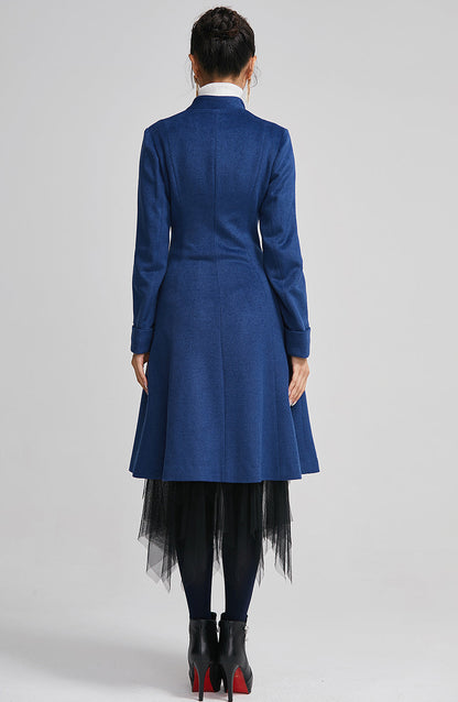 Handmade Blue Wool Coat – Single-Breasted Winter A-Line Overcoat | Xiaolizi 2256
