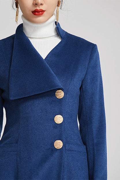 Handmade Blue Wool Coat – Single-Breasted Winter A-Line Overcoat | Xiaolizi 2256