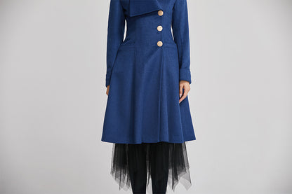 Handmade Blue Wool Coat – Single-Breasted Winter A-Line Overcoat | Xiaolizi 2256