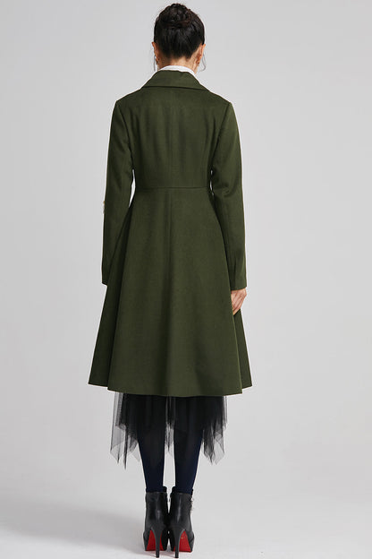 Elegant Green Wool Blend Coat – Tailored Midi Winter Coat with Zipper Details | Xiaolizi 2257
