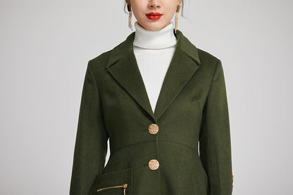 Elegant Green Wool Blend Coat – Tailored Midi Winter Coat with Zipper Details | Xiaolizi 2257
