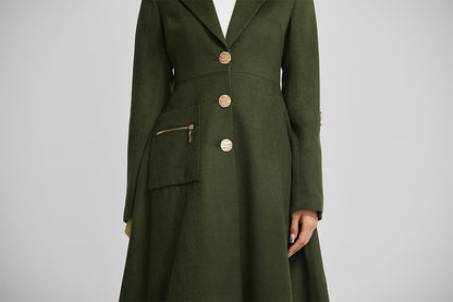 Elegant Green Wool Blend Coat – Tailored Midi Winter Coat with Zipper Details | Xiaolizi 2257