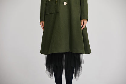 Elegant Green Wool Blend Coat – Tailored Midi Winter Coat with Zipper Details | Xiaolizi 2257