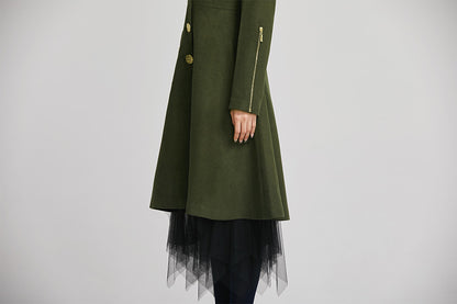 Elegant Green Wool Blend Coat – Tailored Midi Winter Coat with Zipper Details | Xiaolizi 2257