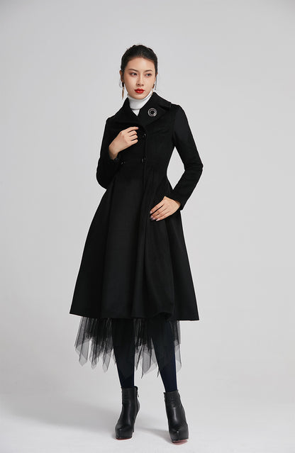 Black Wool Coat - Double-Breasted Fitted Winter Coat with Pockets 2258