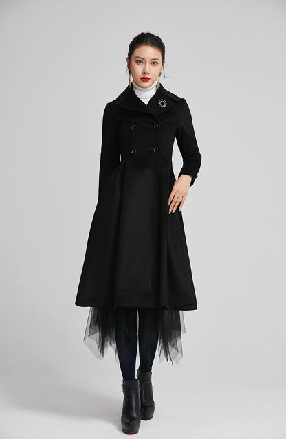 Black Wool Coat - Double-Breasted Fitted Winter Coat with Pockets 2258