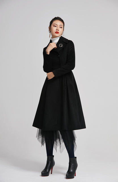 Black Wool Coat - Double-Breasted Fitted Winter Coat with Pockets 2258