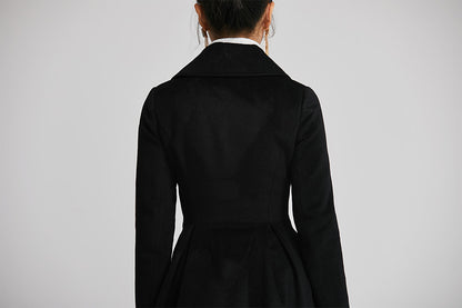 Black Wool Coat - Double-Breasted Fitted Winter Coat with Pockets 2258