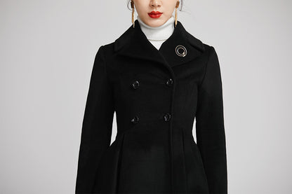 Black Wool Coat - Double-Breasted Fitted Winter Coat with Pockets 2258
