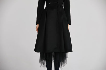 Black Wool Coat - Double-Breasted Fitted Winter Coat with Pockets 2258