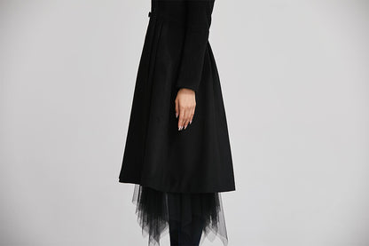 Black Wool Coat - Double-Breasted Fitted Winter Coat with Pockets 2258