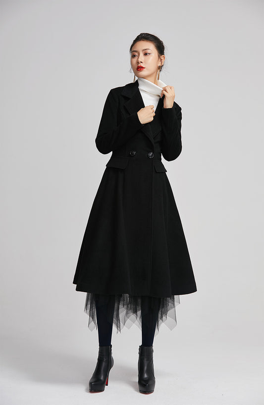 black wool winter coat with double breasted for women  2259