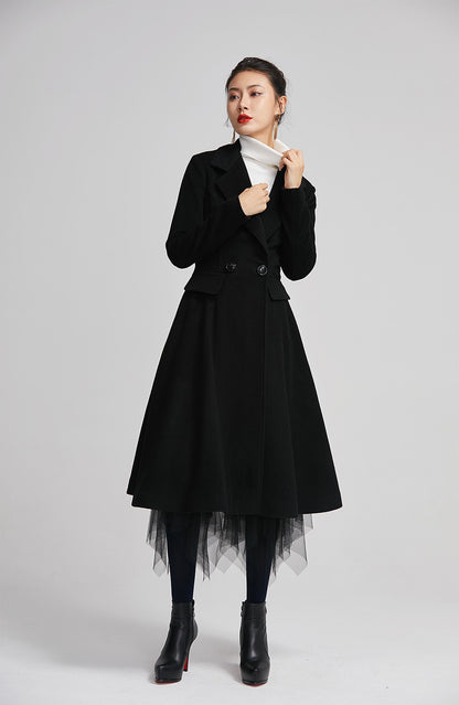 Black Wool Long Coat - Double Breasted Fitted Lapel | Xiaolizi 2259