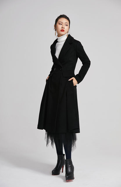 Black Wool Long Coat - Double Breasted Fitted Lapel | Xiaolizi 2259