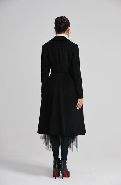 Black Wool Long Coat - Double Breasted Fitted Lapel | Xiaolizi 2259