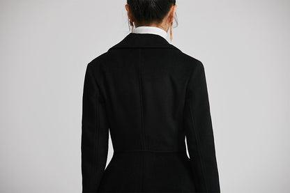 Black Wool Long Coat - Double Breasted Fitted Lapel | Xiaolizi 2259
