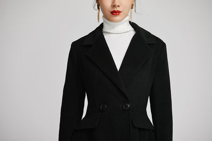 Black Wool Long Coat - Double Breasted Fitted Lapel | Xiaolizi 2259