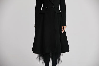 Black Wool Long Coat - Double Breasted Fitted Lapel | Xiaolizi 2259