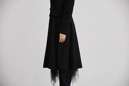 Black Wool Long Coat - Double Breasted Fitted Lapel | Xiaolizi 2259