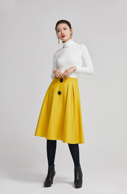 Yellow Wool Knee Length Skirt - Pleated A-Line High Waist 2260