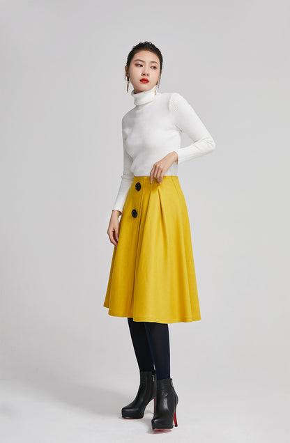 Yellow Wool Knee Length Skirt - Pleated A-Line High Waist 2260