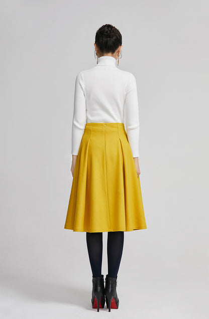 Yellow Wool Knee Length Skirt - Pleated A-Line High Waist 2260
