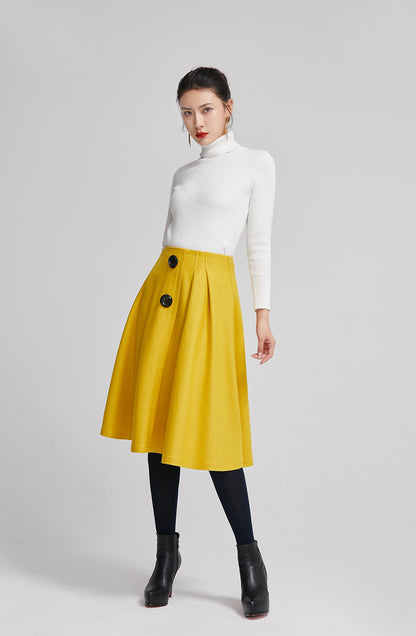 Yellow Wool Knee Length Skirt - Pleated A-Line High Waist 2260