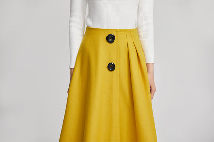 Yellow Wool Knee Length Skirt - Pleated A-Line High Waist 2260