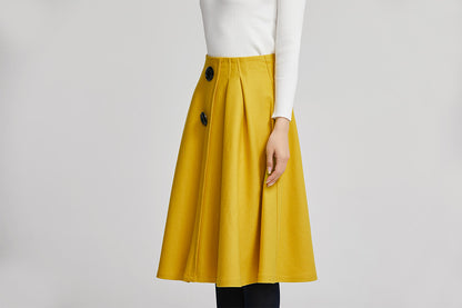 Yellow Wool Knee Length Skirt - Pleated A-Line High Waist 2260
