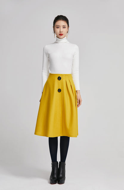 Yellow Wool Knee Length Skirt - Pleated A-Line High Waist 2260
