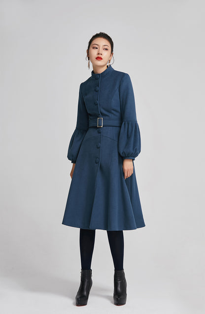 Blue Wool Coat - Single-Breasted with Lantern Sleeves and Belt 2261