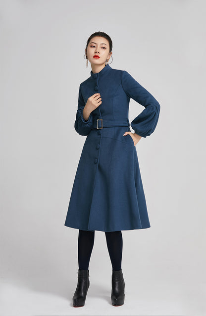 Blue Wool Coat - Single-Breasted with Lantern Sleeves and Belt 2261