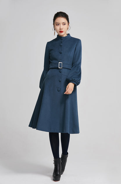 Blue Wool Coat - Single-Breasted with Lantern Sleeves and Belt 2261