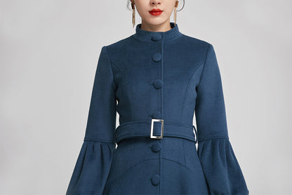 Blue Wool Coat - Single-Breasted with Lantern Sleeves and Belt 2261