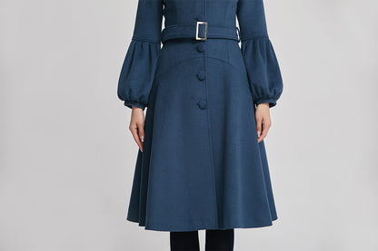 Blue Wool Coat - Single-Breasted with Lantern Sleeves and Belt 2261