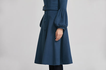 Blue Wool Coat - Single-Breasted with Lantern Sleeves and Belt 2261