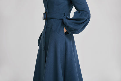 Blue Wool Coat - Single-Breasted with Lantern Sleeves and Belt 2261