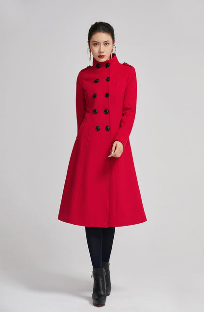 Vintage Inspired Red Wool Coat – Warm Double Breasted Winter Jacket 2262