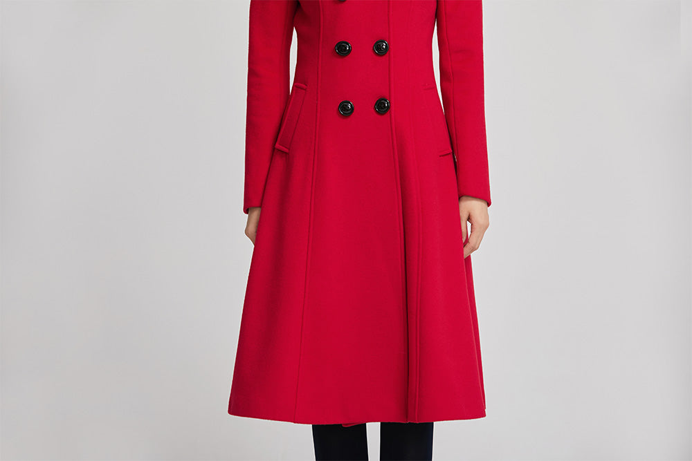 Red winter women wool long coat with pockets 2262