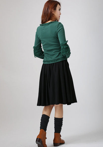 Handmade Black Linen Cotton Skirt – Flowy Below-Knee Summer Skirt | Xiaolizi 776