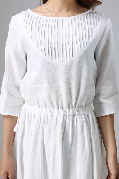 White Linen Cotton Maxi Dress - Pleated Front with Adjustable Waist 803