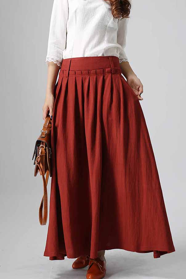 women's red long maxi linen skirt 0816#