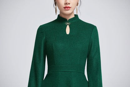 Dark Green Wool Midi Dress - Keyhole Neckline A-Line Silhouette 2266